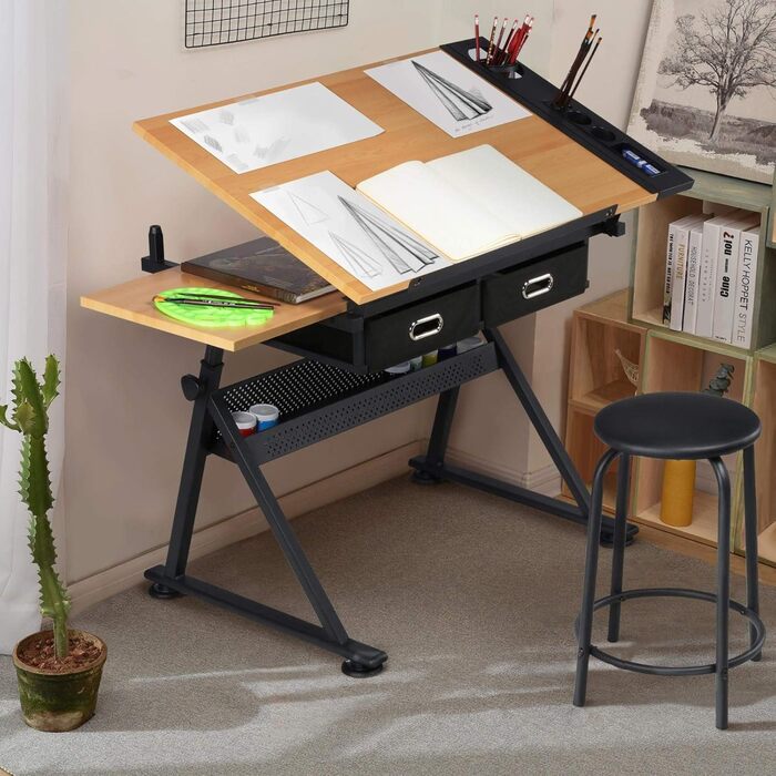 Yaheetech Adjustable Drafting Table with Stool and Drawers - Height Adjustable Desk for Architects, Technicians, and Students - Wood Finish