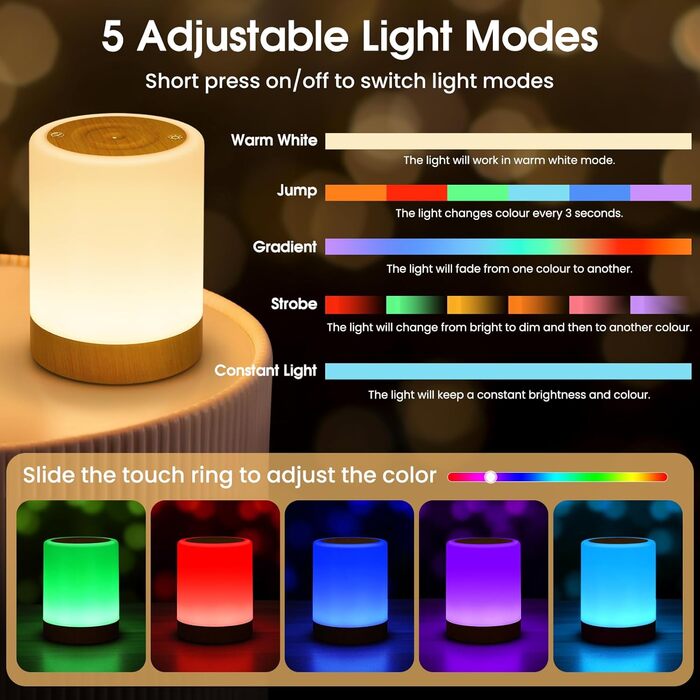 LED настільна лампа з сенсорним керуванням, диммуванням, акумулятором, 256 кольорів RGB, 5 режимів, таймером, пам'яттю, бездротова для спальні, дитячої кімнати, біла
