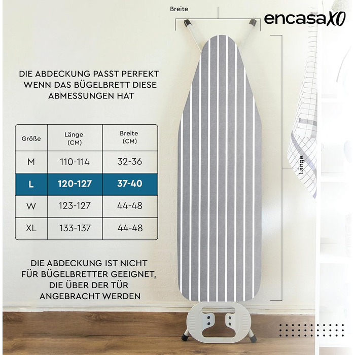 Чохол для прасувальної дошки Encasa XO Roma, 125x39 см, сірий, з термозахистом та товстим шаром ватину