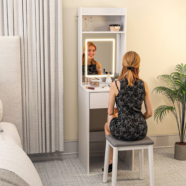 HOMCOM Compact Vanity Table with Mirror and LED Lighting, Folding Tabletop, Open Shelves, Drawer, MDF, White