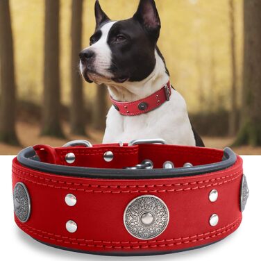 Leather Dog Collar, 5 cm Wide Durable Genuine Leather Collar, Handcrafted, Soft and Luxurious, Eye-Catching Best Choice for Large and Medium Dog Breeds (42-52 cm, red)