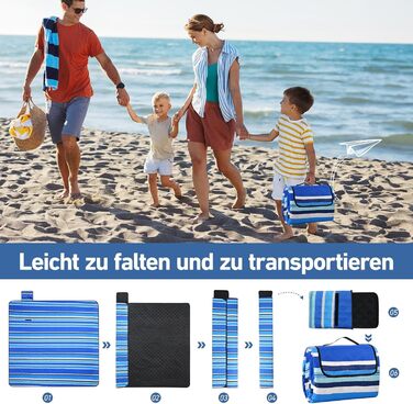 Водонепроникний плед для пікніка Boho 200x200см, XXL. Плед для пікніка, пляжу, кемпінгу, з бавовни, пісконепроникний, пральний, туристичний. Синій у смужку