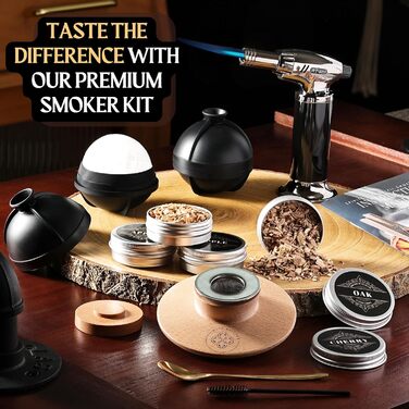 Whiskey Smoker Kit - Cocktail Smoker Kit with Torch, 2 Whiskey Glasses, 2 Ice Ball Makers, 6 Flavors of Wood Chips - Old Fashioned Smoker Bourbon Drink Smoking Set - Bourbon Gifts for