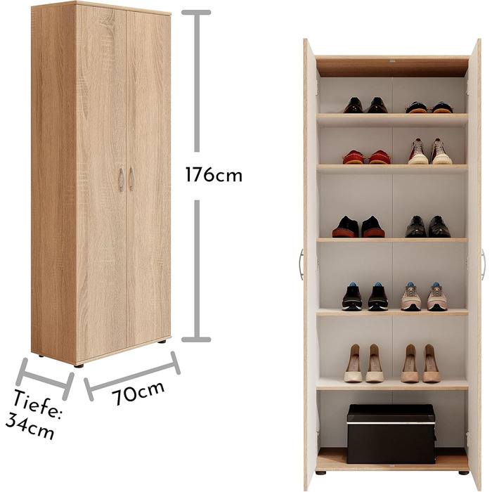 Stella Trading 3 Shoe Cabinet Tall, White - Versatile multipurpose cabinet with adjustable shelves - 70 x 176 x 35 cm (W/H/D) (Sonoma Oak)