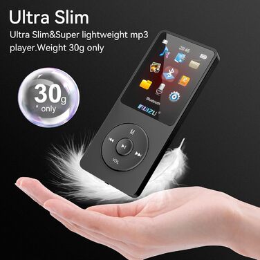 MP3 плеєр 64GB з Bluetooth 5.3, легкий (30г), до 80 годин роботи, 1.8