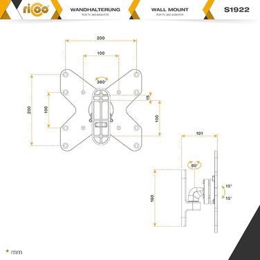 Кріплення для монітора RICOO S1711: регульований підвіс для моніторів 13-34 дюймів (VESA 75/100 mm), срібний