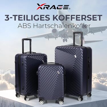 Набір валіз xRace 3-частинний ABS, 20/24/28 дюймів, ручна поклажа, TSA замок, 360° колеса, стійкий до ударів, з преміум підкладкою (Морська блакить)