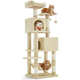 Драбина для котів Feandrea, 155 см, з 5 стовпчиками для шліфування, 2 платформами, 2 будиночками, гамаком, 2 іграшками-кульками, плюш, багатоярусна, бежева, PCT192M01