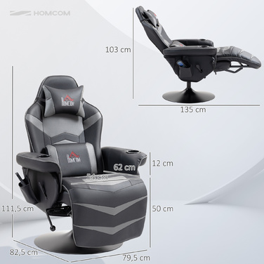 HOMCOM Gaming Chair with Massage Function, Reclining Backrest, Footrest, Supports up to 120 kg, Steel Frame, Faux Leather, Grey
