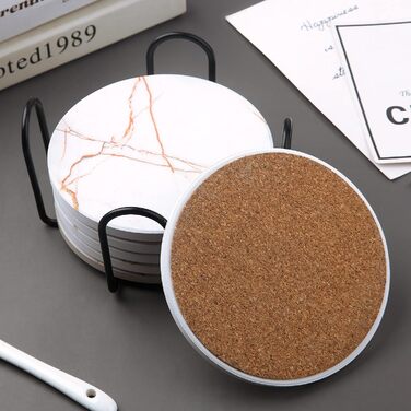 Fun coasters for drinks, marble-style, absorbent ceramic coasters with metal stand, housewarming gifts, decor set of 6, with cork base for wood table (White)