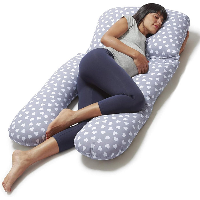 Niimo 4-in-1 U-Shaped Pillow - Breastfeeding Pillow, Pregnancy Pillow, Comfort Pillow & Side Sleeper Pillow with 100% Cotton Cover, Washable (Gray with white hearts)