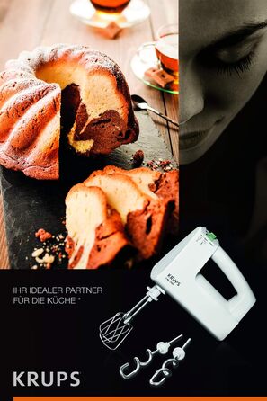 KRUPS 3 MIX 7000 Hand Mixer F60814 | 500W | Ergonomic mixer handle, variable speed control | Turbo & eject button | Stainless steel whisks & dough hooks | White Single