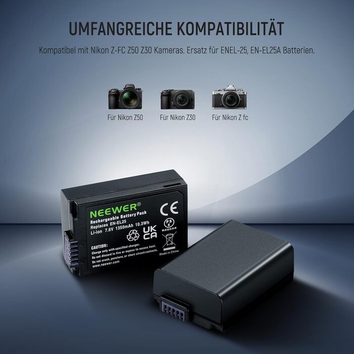 Запасний акумулятор NEEWER EN-EL25 та USB зарядний пристрій (2 шт.) 1350mAh, сумісний з Nikon Z30 Z50 ZFC