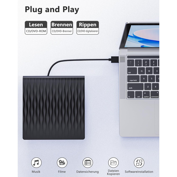 Зовнішній DVD CD привід DANGZW USB 3.0 Type-C, портативний DVD-записувач та плеєр для ноутбука та ПК, сумісний з Windows, Linux, MacOS, матовий чорний
