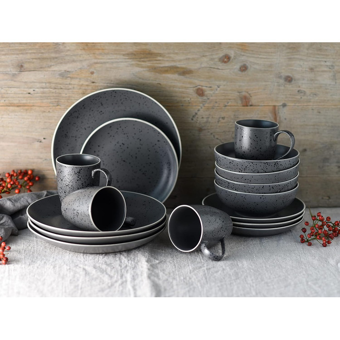 CreaTable Серія INDUSTRIAL GOLD: 16-частинний посуд для 4 осіб (Антрацит), комбінований сервіз зі штучного каміння, сумісний з мийною машиною та мікрохвильовою піччю