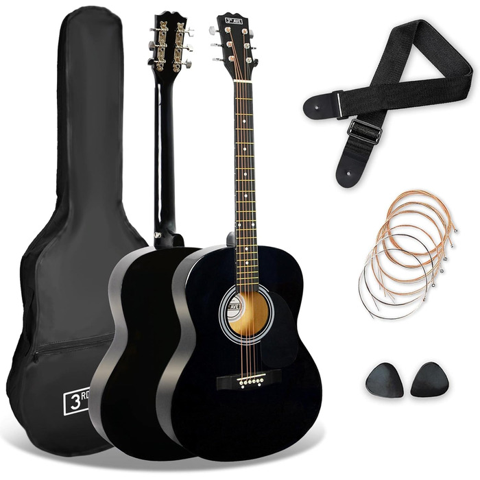 3rd Avenue акустична гітара 4/4 (Western) з металевими струнами, для початківців - 6 місяців безкоштовних уроків, чохол, медіатори та запасні струни – чорного кольору