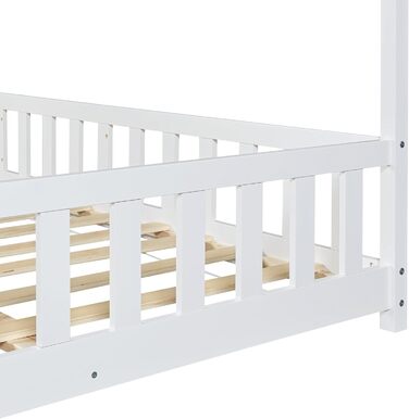 en.casa Kids Bed Hesel House Bed White 90 x 200 cm with Side Rails and Slatted Base, Floor Bed, Youth Bed, Wooden Bed