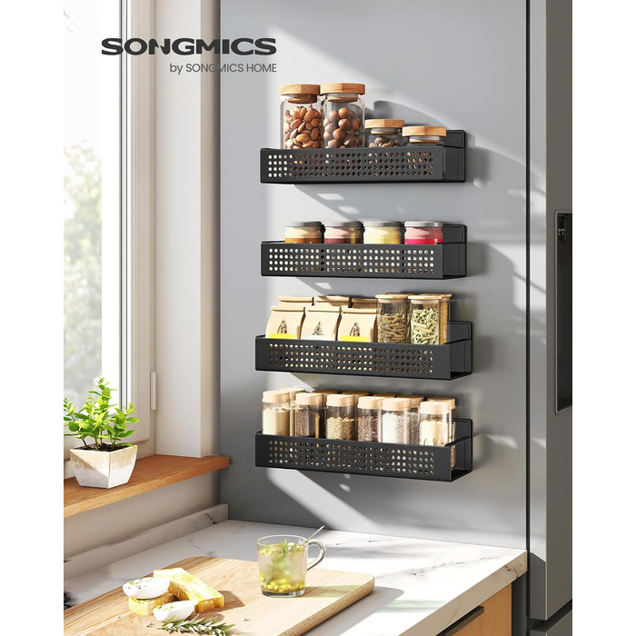 SONGMICS Магнітна полиця для спецій, 4 шт. (2 великі, 2 маленькі), без свердління, для кухні, холодильника, мікрохвильової печі, пральної машини, чорний, сталь