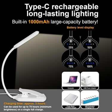 USB LED лампа для читання з кліпсою, 3 режими температури кольору, регульована яскравість, гнучка на 360°, для ліжка, столу та подорожей, біла