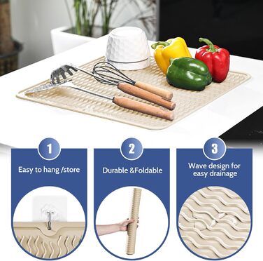 Килимок для сушіння посуду KitchenRaku 40x45 см, силіконовий, термостійкий, неслизький, для мийки, бежевий