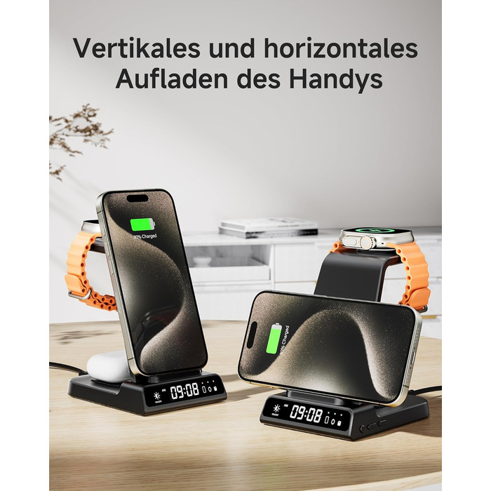 Бездротова зарядна станція 3-в-1 для Apple iPhone 16/15/14/13/12 Pro/Plus, Apple Watch Ultra 2/9/8/7/6/5, AirPods Pro/4/3/2 – Чорна