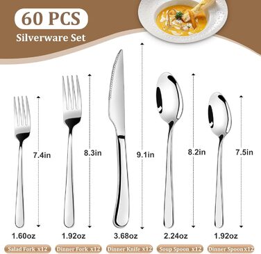 Набір столових приборів TAN REN, чорний, 48 предметів (8 осіб), з ножем для стейка, нержавіюча сталь