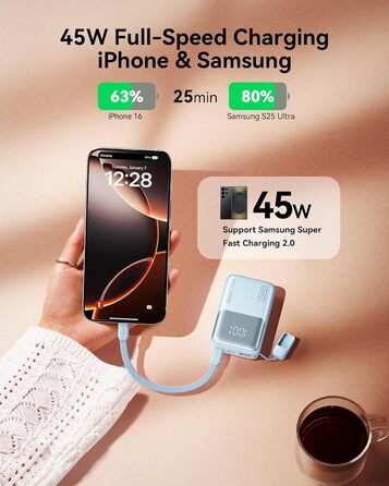 Power Bank INIU 45W 10000mAh з USB-C кабелем: заряд для ноутбука, iPhone, Samsung, MacBook, iPad та інших пристроїв (фіолетовий)