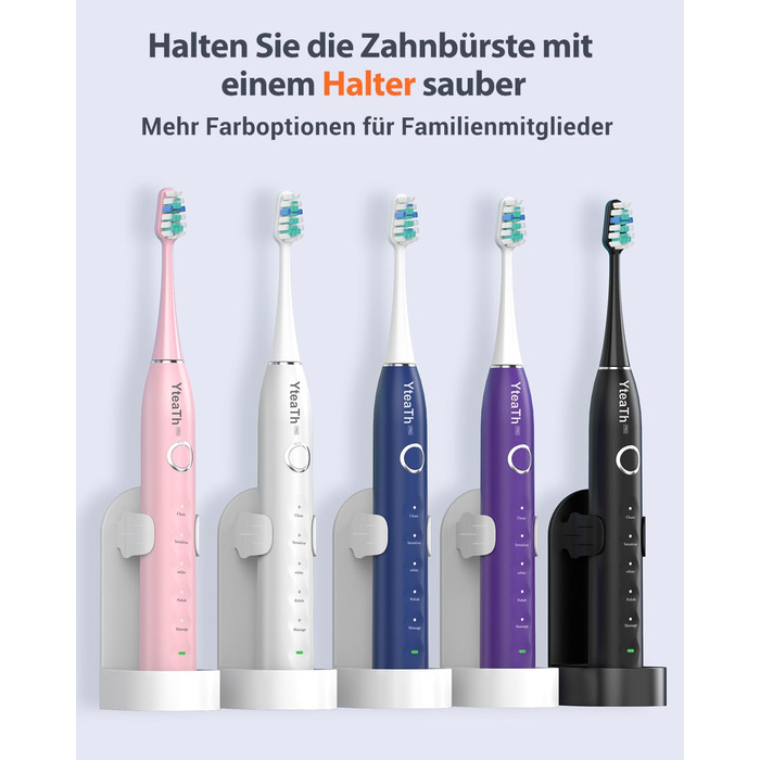 Електрична зубна щітка зі звуковими вібраціями, 8 насадок (3 типи), таймер, 120 днів роботи від акумулятора, 5 режимів чищення, чорний колір, для дорослих, з зарядною станцією