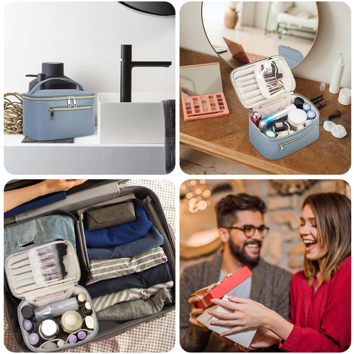 Косметичка для жінок, велика дорожня косметичка для макіяжу з відділенням для пензлів, органайзер, культурочка, з PU-шкіри, переносний мішечок для макіяжу, сіро-блакитний (патентний номер)