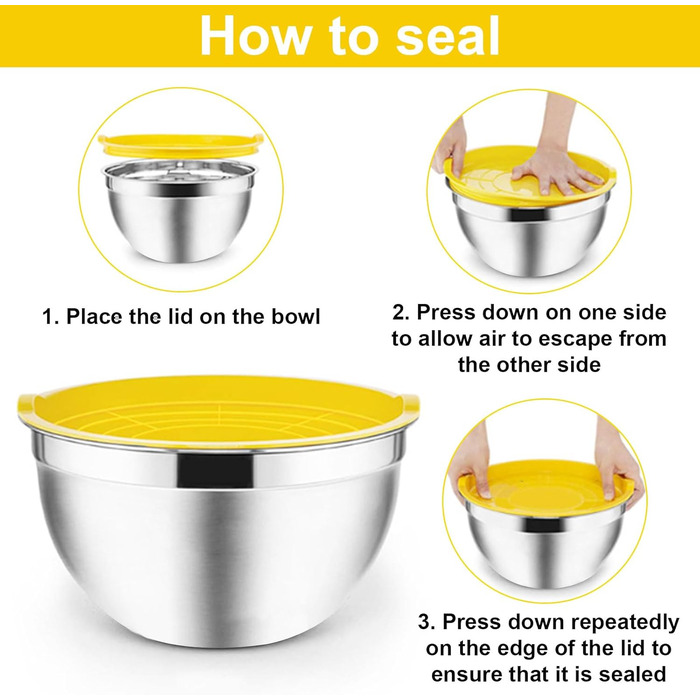 Набір місок з нержавіючої сталі 5 шт. з кришками – 4.5L/2.7L/1.6L/1.1L/0.7L – з 3 тертками, неслизькі та стіклі, придатні для миття в посудомийній машині для кухні та випічки