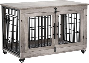 Клітка для собак Lulive, дерев'яна будка для дому, з подвійними дверима, 96,5 см, міцна переноска з подушкою та колесами, декоративний столик, дім для тварин, купик для великих/середніх собак, сірий, 98 x 64 x 68 см