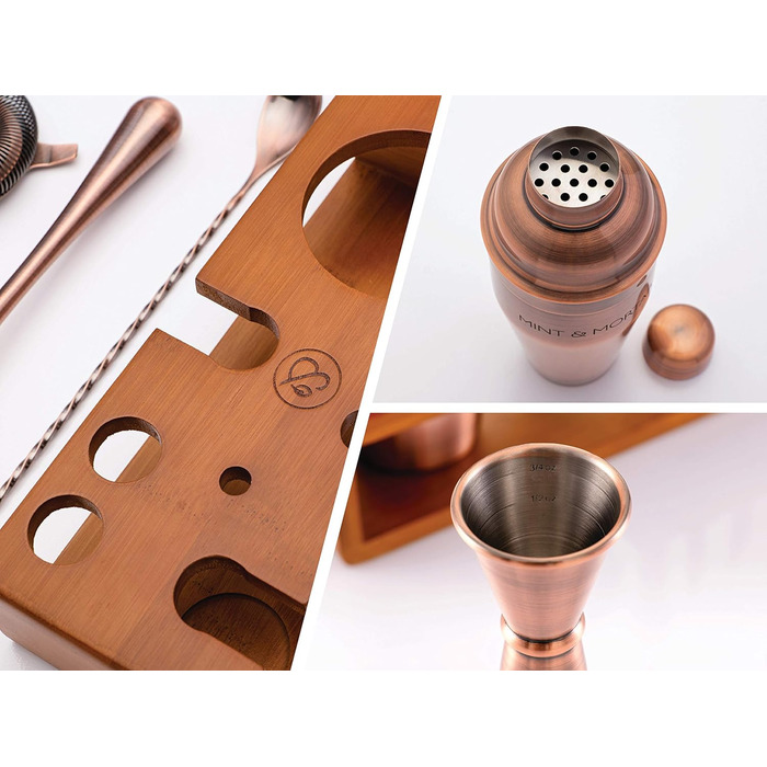 Набір для коктейлів Mint&Mortar 7 предметів з бамбуковим підставкою, з нержавіючої сталі, міксологія, барменський набір з барними інструментами для дому та професійного використання, ідеальний для Мартіні/Маргарити, 680 мл, міксер (Чорний) (Шліфоване мідь