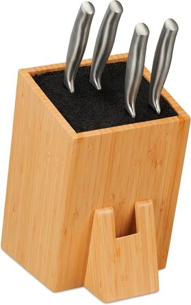 Relaxdays Knife Block, Unstocked, Bamboo Knife Holder, Universal, Knife Storage with Brush Insert, Natural/Black