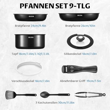 Набір каструль Bezia з керамічним покриттям (9 предметів) - каструлі та сковорідки для індукційних плит, антипригарне покриття, для кемпінгу, сумісні з усіма типами плит, складені, набір сковорідок, придатні для духовки