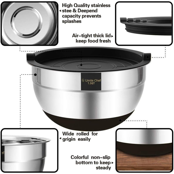 Umiten Mixing Bowls with Airtight Lids, 6-Piece Stainless Steel Metal Bowls Chef, Measuring Markings Durable Quality Size 7, 3.5, 2.5, 2.0, 1.5, 1QT, ideal for Mixing and Serving (Black)