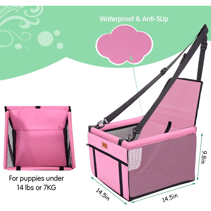 Автокрісло для собак - автокрісло для маленьких собак з ременем, водонепроникне, стабільне, для заднього та переднього сидіння, рожеве (з PVC-трубою)