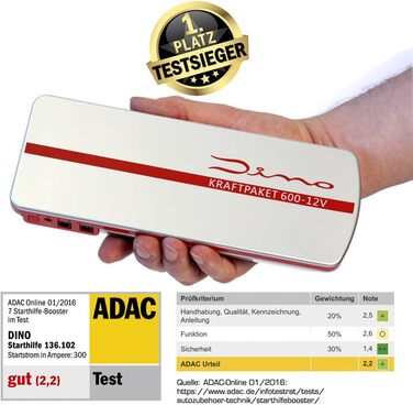 Портативний пусковий пристрій Dino KRAFTPAKET 12V-600A: для авто, мотоциклів та човнів. Підтримка різних типів акумуляторів (свинцево-кислотні, GEL, EFB, AGM). Ємність 66.6Wh, 18000mAh.