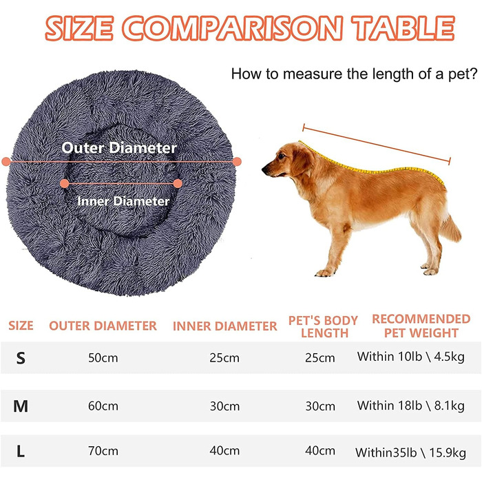 fireowl Donut Dog Bed Large Fluffy: 70cm Soothing Puppy Bed Anti-Anxiety Cat Bed - Plush Pet Bed Round Cozy Washable (L 60 x W 60 x H 20 cm, Grey)