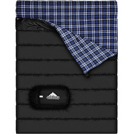 Cotton Flannel Double Sleeping Bag for Camping, Hiking, and Backpacking - Queen Size 2 Person Waterproof Sleeping Bag for Adults & Teens - Lightweight Black/Blue