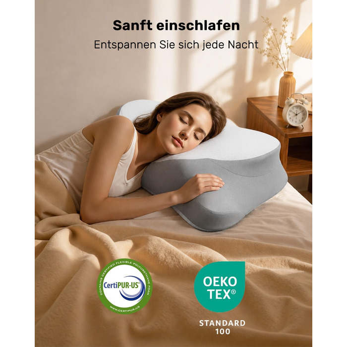 Подушка для шиї Feagar у формі метелика з ефектом пам'яті (Memory Foam), сіра