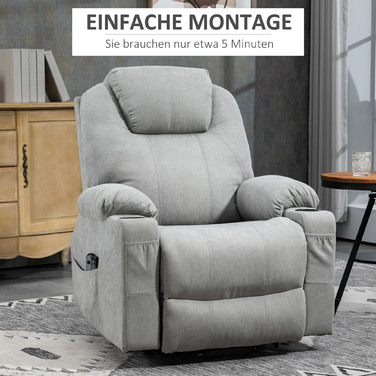 HOMCOM Electric Recliner with Stand Assist, Relax Recliner with Lie-Flat Function, Heating Function, 1 Motor, Massage Function, Pocket Spring, Light Grey | Aosom