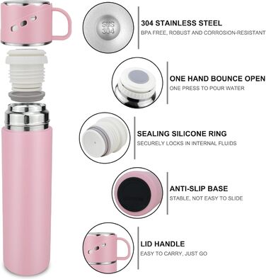 Термокружка-термос з нержавіючої сталі 550 мл, без витоку, з чашкою та ручкою, вакуумна термоізоляція 12 год гаряча / 12 год холодна, неслизька, для кави, спорту, роботи, школи, автомобіля (Рожева)