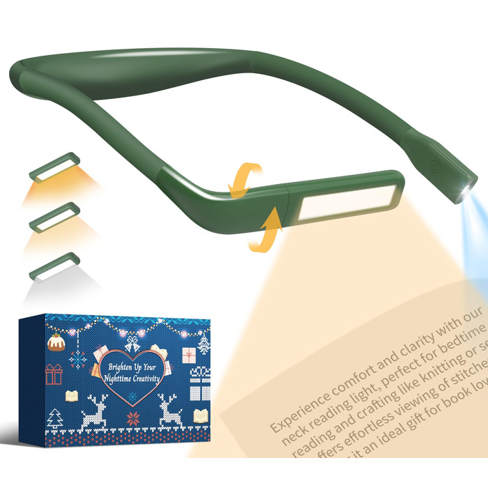 LED лампа на шию для читання Buch: світло для книги, в'язання, рукоділля (зелена). 3 режими освітлення