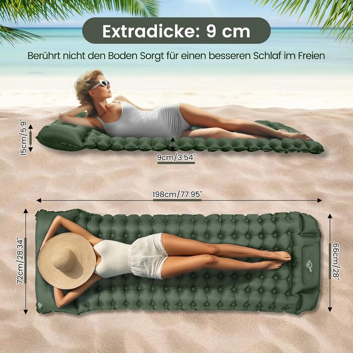 Каремат самонадувний туристичний Tuocal Isomatte, 9 см, з подушкою, з насосом, антиковзаюча поверхня, для кемпінгу, відпочинку на природі, подорожей, намету (армійний зелений)