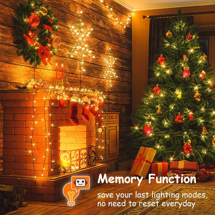 Льо́нточна гірлянда на Різдво, 20 метрів, 200 LED, з таймером, 8 режимів, вологостійка, тепле біле світло, для прикраси ялинки, саду, дому