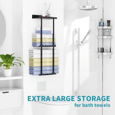 Тримач для рушників без свердління, чорний, з 6 гачками та полицею для ванної кімнати та кухні