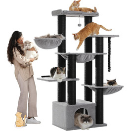 Котячий комплекс PAWZ Road XXL: стійка, з гамаком, 13 стовпчиків сизалю, печери, кошиків, 170 см, чорний