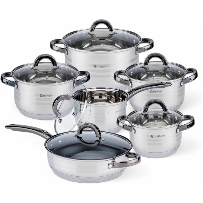 Набір посуду EliteHoff Induktion: 12-ти частинний набір каструль та сковорідок з нержавіючої сталі з кришками та чорними ручками, для всіх типів плит