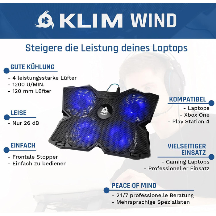 Охолоджувач для ноутбука KLIM Wind — підставка з 4 потужними вентиляторами для PC, Notebook та PS4, синій колір