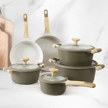 Набір посуду KASANOVA Bambù з антипригарним покриттям, 10 предметів, індукція, скляні кришки (Зелений та Кремовий)